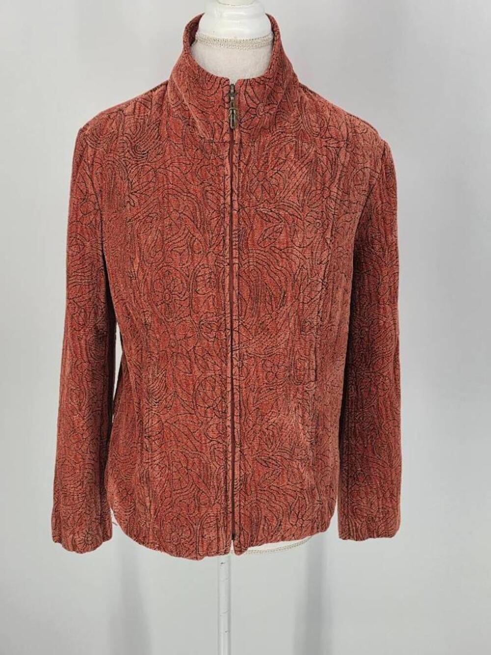 Vintage Dressbarn Womens L Rust Orange Chenille Brocade Full Zip Coat